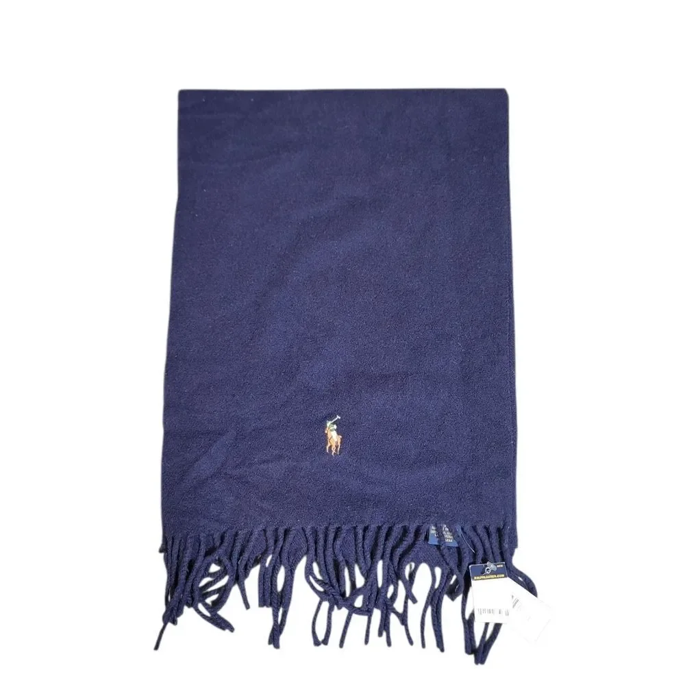 Polo Ralph Lauren Wool Scarf Navy Fringe Made in Italy 70” Embroidered Logo NWT